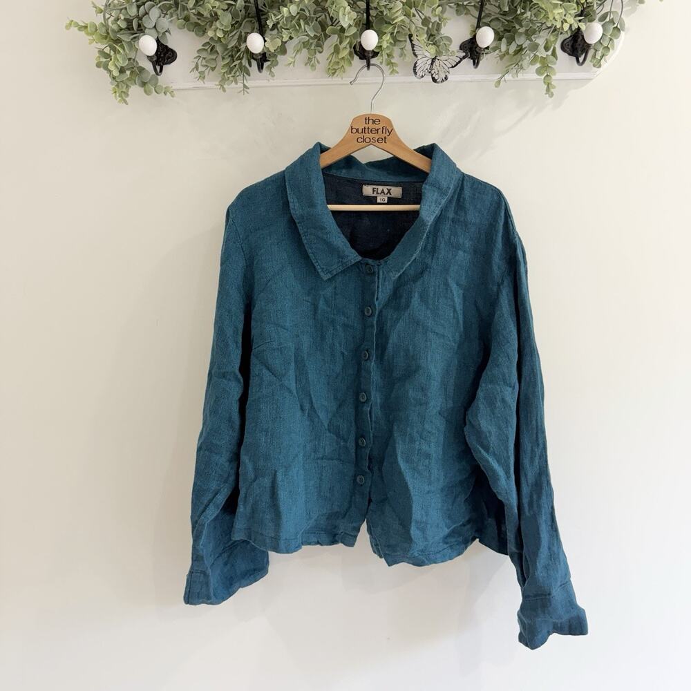 Flax 100% Linen Blue Button Down Relaxed Top 1X lagenlook artsy AA5856